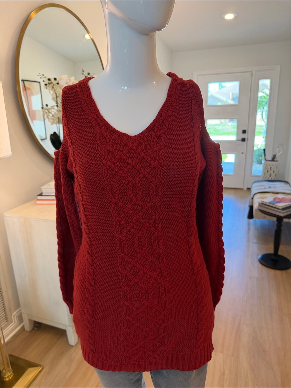 Hot in Hollywood Women's Red Cable Cold-Shoulder Sweater